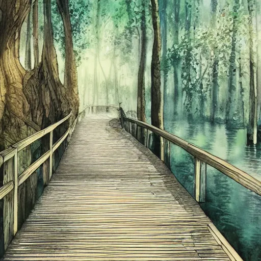 Prompt: Wooden footpath next to water in beautiful overgrown futuristic sci-fi city in harmony with nature. Nice colour scheme, soft warm colour. Beautiful detailed watercolor by Lurid. (2022)