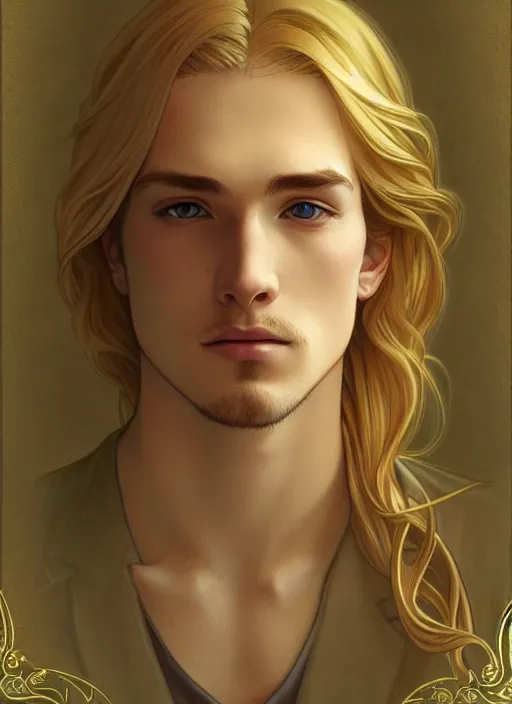 Image similar to pretty young man with shoulder length shiny shimmering golden blond hair, head down, demure, shy, path traced, highly detailed, high quality, digital painting, by studio ghibli and alphonse mucha, leesha hannigan, disney