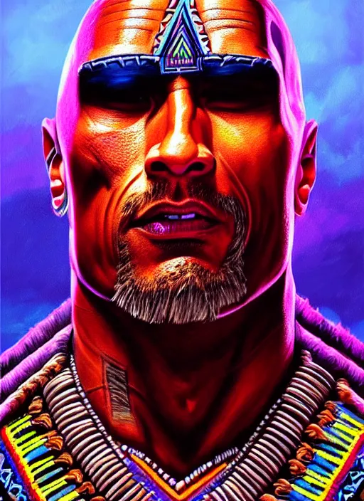 Image similar to portrait of dwayne johnson, hyper detailed ultra sharp aztec shaman warrior. trending on artstation, warpaint aesthetic, bloodwave, colorful, psychedelic, ornate, intricate, digital painting, concept art, smooth, sharp focus, illustration, art by artgerm and greg rutkowski and h. r. giger, 8 k