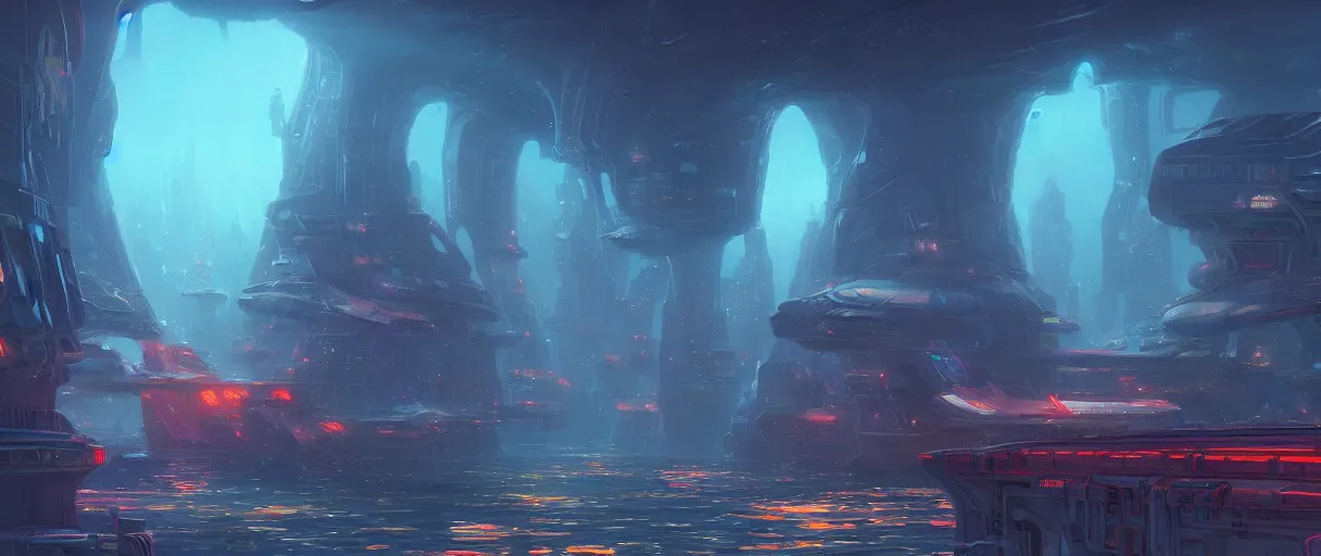 Prompt: digital painting of an underwater sci-fi city, style of Ralph Mcquarrie, concept art, high angle, high detail, cold lighting, dark, vivid, beautiful, caustics, trending on artstation, by Jordan grimmer, no focus, huge scene