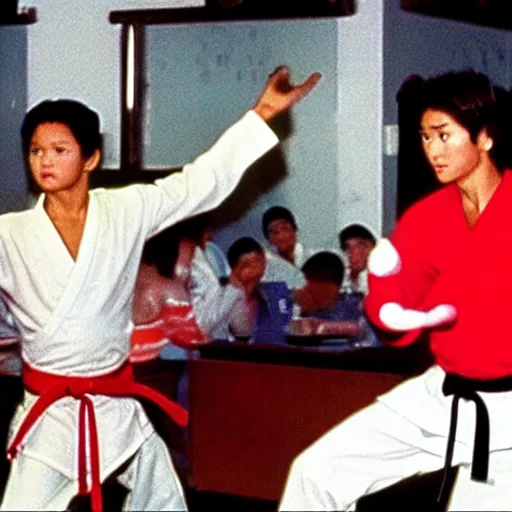 Prompt: the karate kid fighting super mario in a chinese restaurant on the 4 th of july 1 9 8 9