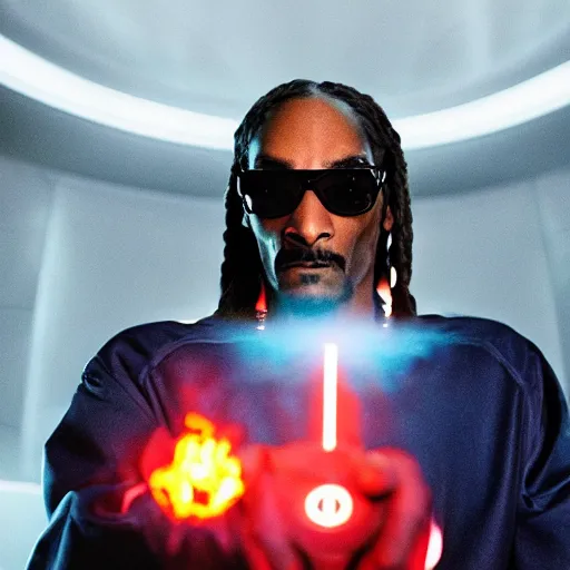 Image similar to cinematic film still of Snoop Dogg starring as a futuristic Marvel Super Hero holding green fire in a 2022 Marvel Movie, 40mm lens, shallow depth of field