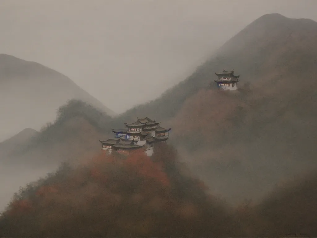 Prompt: landscape painting of wudang mountain on a foggy day by shenzhou 沈 周