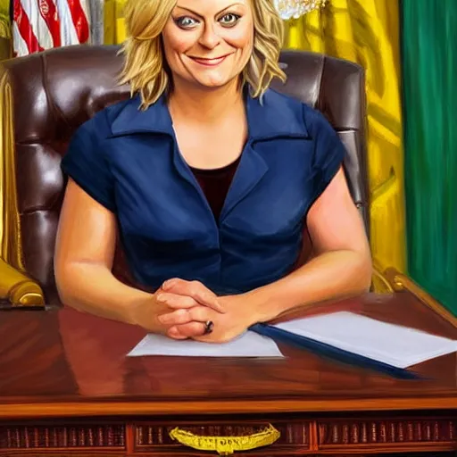 Image similar to oil painting of Amy Poehler sitting at the resolute desk in the oval office