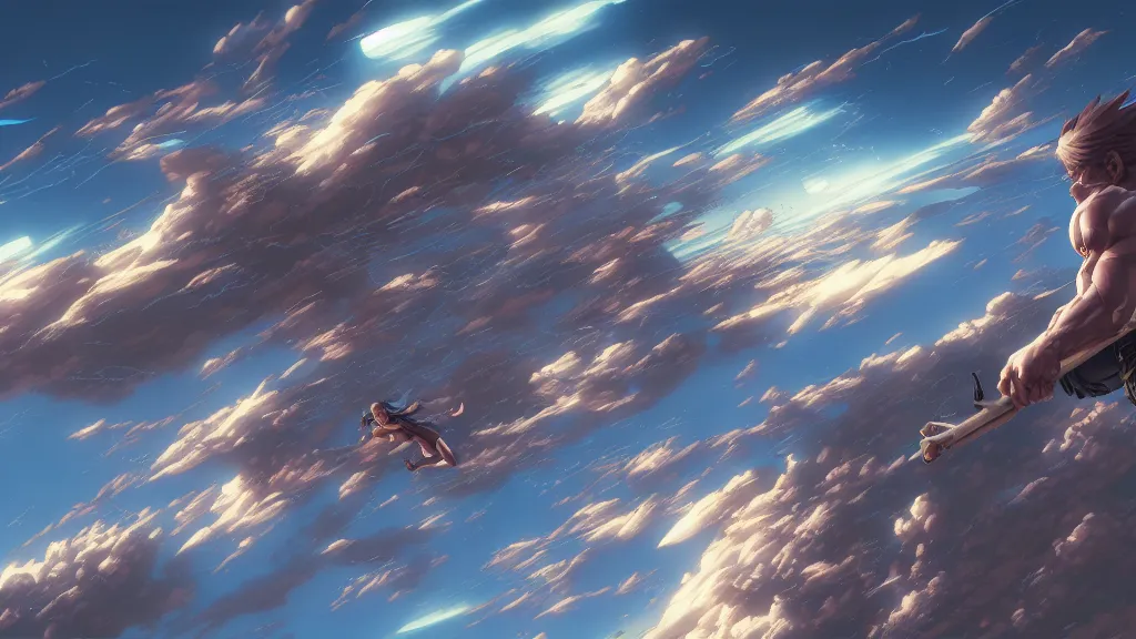 Image similar to highly detailed comic spread depicting an impactful action scene on the sky, high details, dynamic art by murata, moebius, makoto shinkai, craig mullins, digital painting, masterpiece, best selling, pixiv, volumetric lighting, realistic shaded lighting, 8 k, highly detailed render,