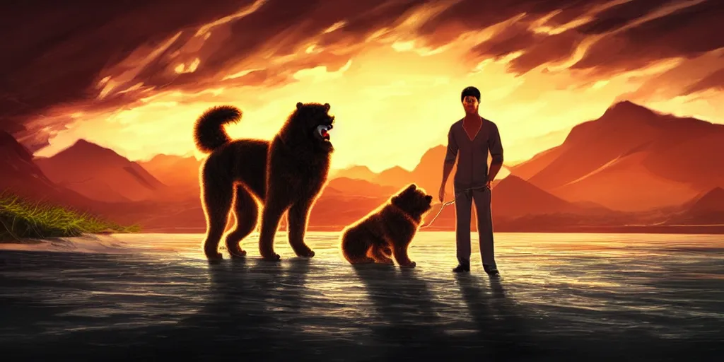 Image similar to an intricate concept illustration of a man with his chowchow dog a beach beside a mountains on sunset, cinematic, hyper realistic, intricate details, anime style, concept art, cinematic lighting, dramatic lighting