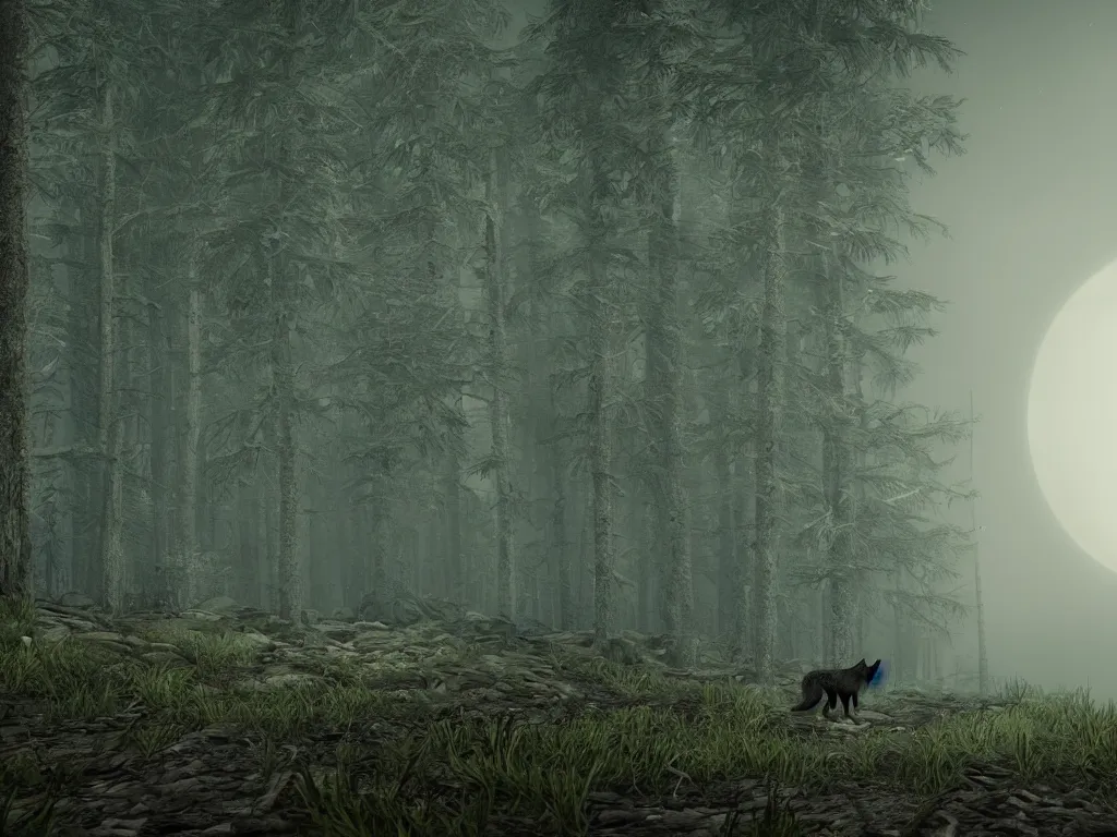 Prompt: a large wolf walking on a dark path through the forest at night under a full moon, 4 k, photorealistic unreal engine 5,