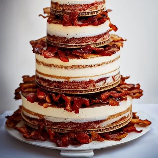 Image similar to a wedding cake made of bacon, hd professional food photography