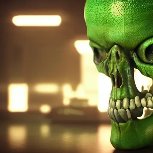 Prompt: glowing green alien skull in specimen alien jar, beautiful details, cinematic lighting, dark magical atmosphere, ultra - detailed, photorealistic, 8 k, unreal engine, realistic render