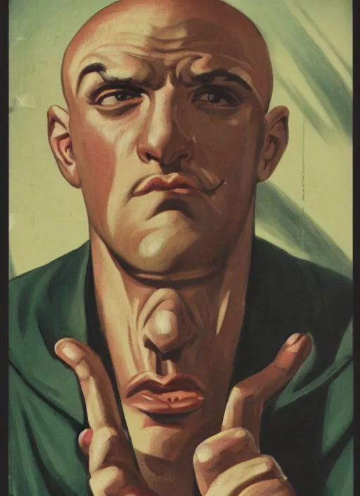 Prompt: portrait of glamorous bald medieval man with big nose and annoyed gesture, threatening pose, 1940s propaganda poster, full hd,highly detailed