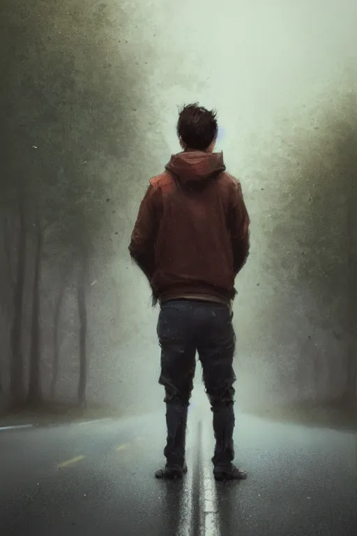 Prompt: Full body portrait of a short, overweight teenage boy, medium length brown hair and fringe, not intelligent, standing in road, rainy wet day, cinematic lighting, by Jordan Grimmer and Wojtek Fus and greg rutkowski, Trending artstation, cinematográfica, digital Art