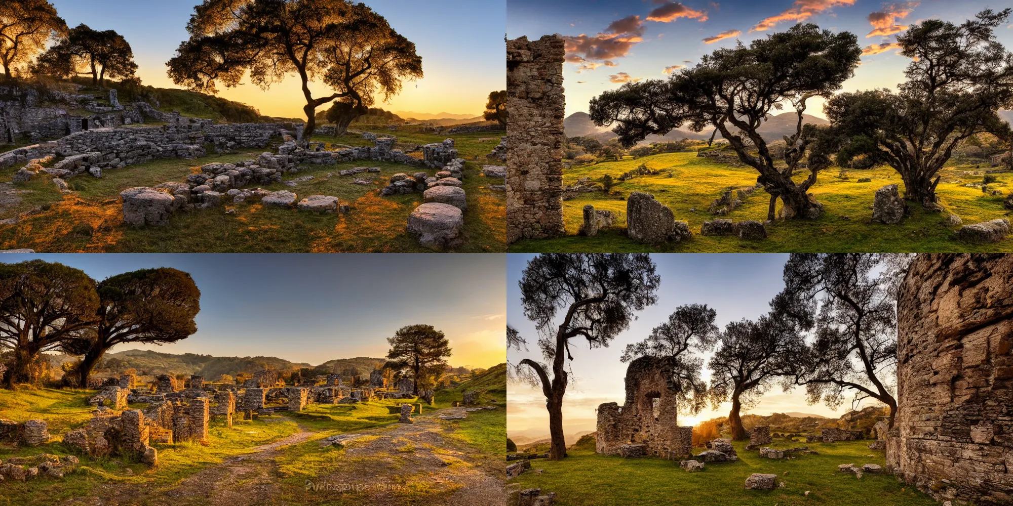 Prompt: Photograph of an ancient roman ruin, cracked stone, tree covered hills in the background, winding path in foreground, golden hour photography, 4k, wallpaper