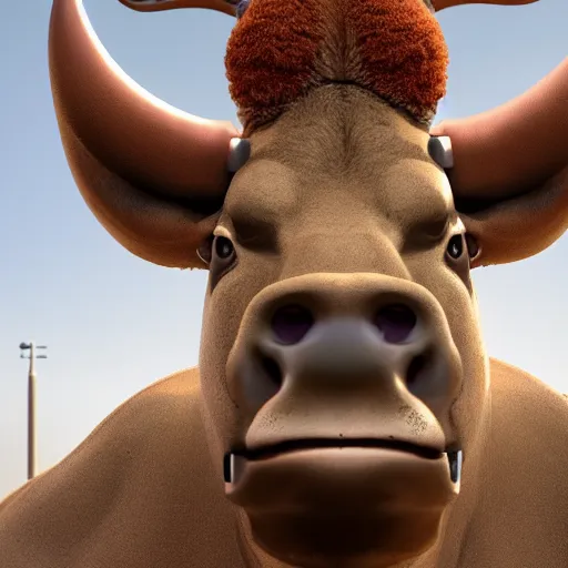 Image similar to a standing anthro bull android modeled after a bull looking into the camera, android, cyborg, half body, intricate, 3 d, hyper realism, fantasy, depth of field, octane render, symmetrical, highly detailed, digital art, artstation, concept art, cinematic lighting, trending