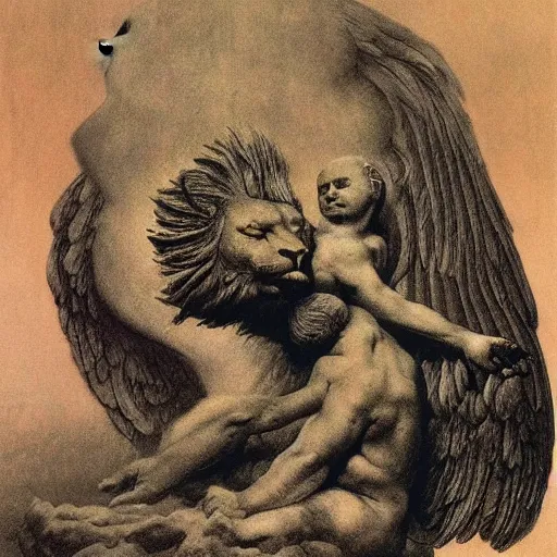 Image similar to cherub with four faces : man, lion, eagle, bull. drawn by zdzislaw beksinski