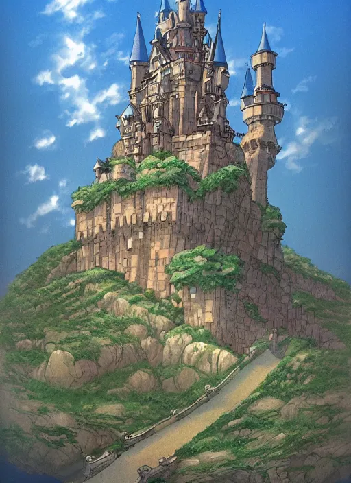 Image similar to 2 d illustration of a castle in the sky, concept art by hayao miyazaki, featured on pixiv, fantasy art, concept art, official art, high detailed