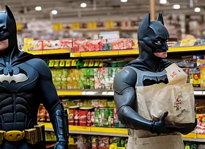 Image similar to film still of Batman working as a Bagger at a grocery store in the new batman movie, 4k