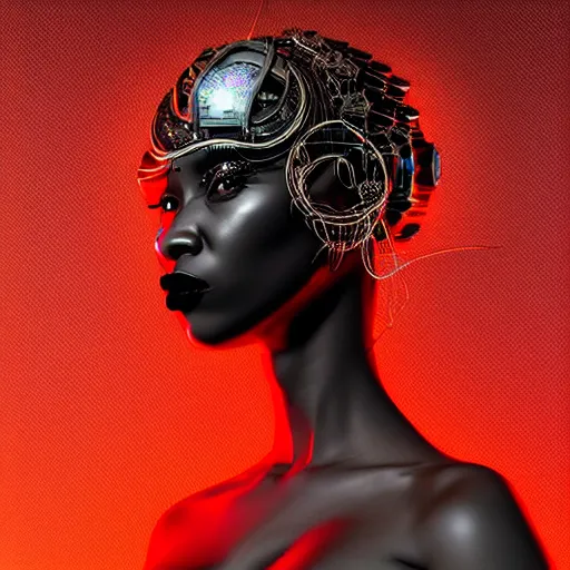 Image similar to portrait of an absurdly beautiful, graceful, sophisticated, fashionable black cyberpunk mechanoid gravure idol, hyperdetailed illustration by irakli nadar, adut akech, matt wisniewski style, intricate linework, dark black skin, box jellyfish headdress, unreal engine 5 highly rendered, global illumination, red light, detailed and intricate environment