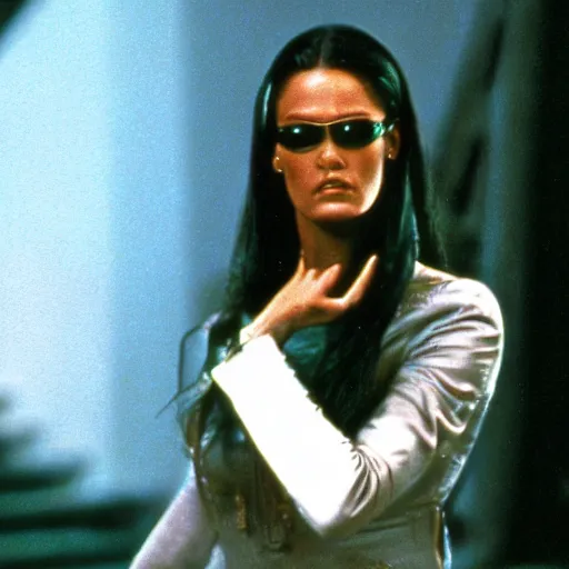 Image similar to still from old 80\'s movie Matrix (1982) actress playing Trinity