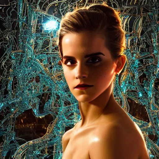 Image similar to beatifull closeup of face shoulders of biomechanical emma watson fire crystal sculpture, fractal, intricate, elegant, highly detailed, ornate, elegant, luxury, beautifully lit, ray trace grinning vogue fashion shoot by peter lindbergh fashion poses detailed, saturated tokyo neon lighting, blade runner, golden hour, professional photograph by peter gric styling