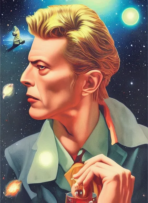 Image similar to twin peaks poster art, david bowie floating through the cosmo outer space, old retro pulp, by michael whelan, rossetti bouguereau, artgerm, nostalgic, old fashioned