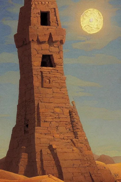 Image similar to painted tower of the moon, by Sylvain Sarrailh and Nicholas Roerich and Annie Swynnerton, dramatic cinematic lighting , beautiful tilework, ornate architecture, sacred artifacts, lost civilizations, smooth, sharp focus, extremely detailed