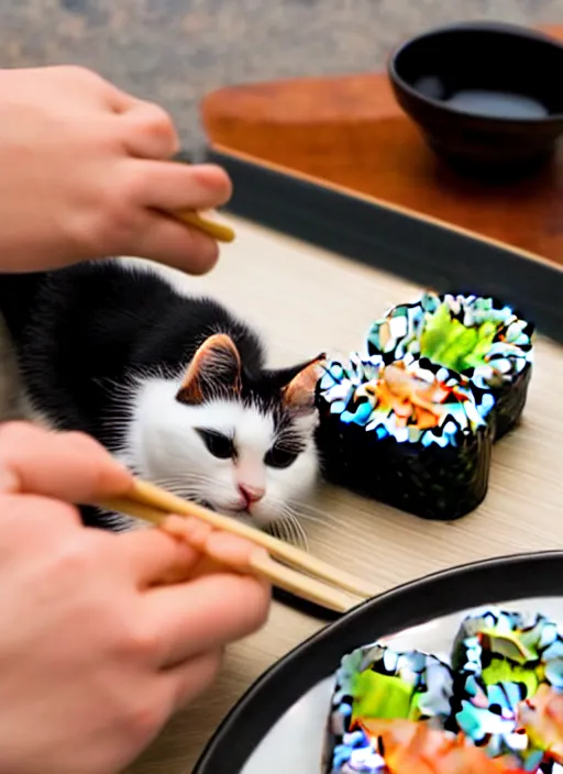 Image similar to clear photograph of cute cats stealing sushi from sushi plates