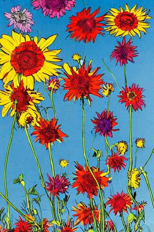 Image similar to an explosion of flowers against a bright blue sky, 80s sci-fi book art