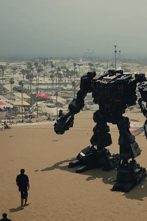 Image similar to cinematography of giant Mech on Santa Monica peer By Emmanuel Lubezki