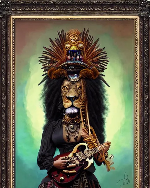 Image similar to lion headed voodoo priestess with steampunk guitar and dank spliff. smug boss face. wild eyes. noble bearing. award winning ornate symmetry matte portrait, artgerm, rhads watercolor, fierce sweet sad and lyrical