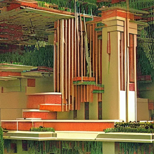 Image similar to frank lloyd wright hanging gardens of babylon futurepunk