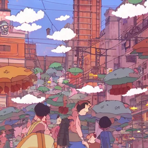 Prompt: raining donuts on a city in a studio ghibli animation