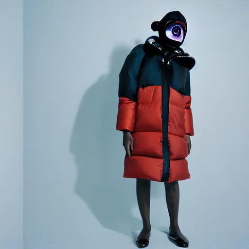 Image similar to realistic photoshooting for a new issey miyake lookbook, color film photography, portrait of a beautiful woman, model is wearing a puffer mask, in style of tyler mitchell, 3 5 mm,