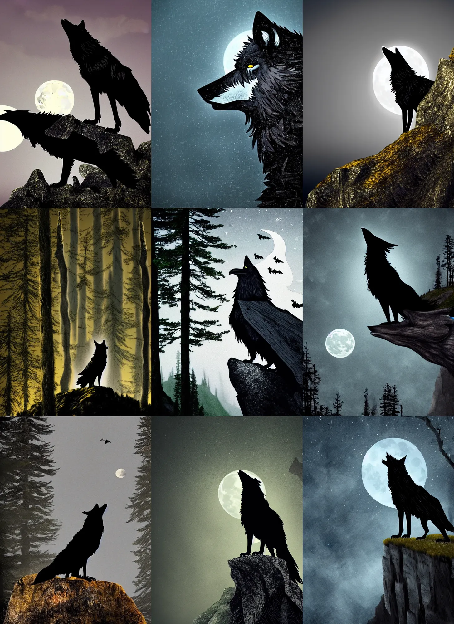 Prompt: A wolf with the head of a raven perched on a cliff's edge looking straight ahead, intimidating, rays of moonlight illuminating a forest backdrop