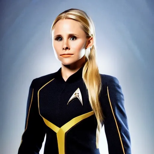 Image similar to a beautiful full body photograph of kristen bell as a star fleet officer from star trek next generation, extreme realism and detail, 8 k, completely framed, direct lighting, 3 5 mm photo, photorealistic, sharp focus