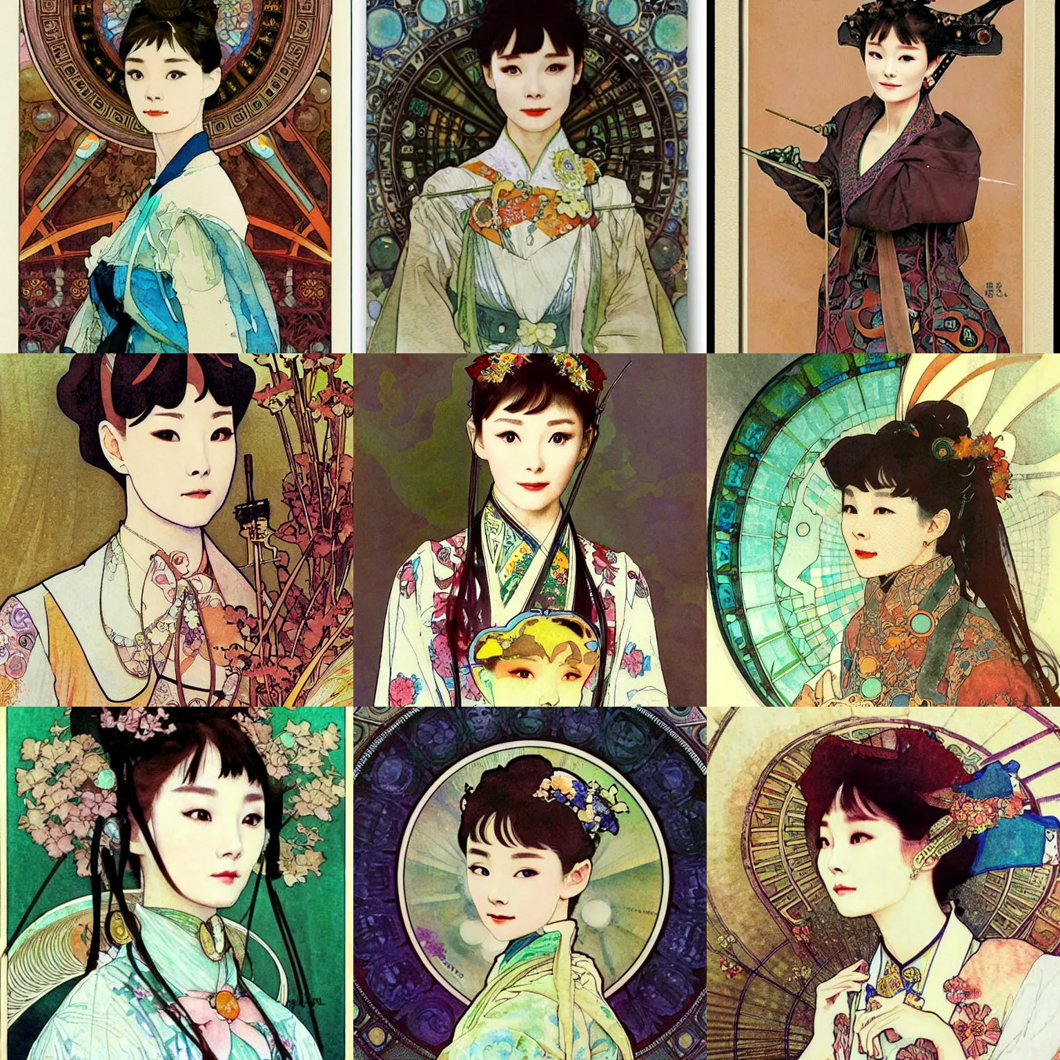 Prompt: korean audrey hepburn automata, intricate watercolor solarpunk portrait by alphonse mucha