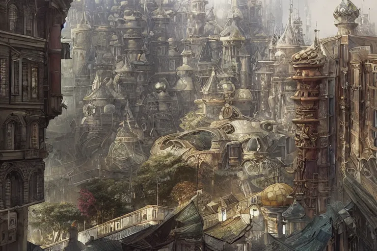 Image similar to It’s enchanting on the streets of Russian panel houses quarters on the Moon city, Norilsk, sci-fi, fantasy, intricate, very very beautiful, elegant, highly detailed composition, digital rendering, artstation, concept art, smooth, sharp focus, illustration, art by artgerm and greg rutkowski and alphonse mucha