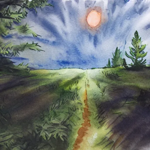 Image similar to view from above, shot from 5 0 feet distance, baby yoda on a well lit path in a dimly lit forest. dramatic clouds, setting sun, watercolor and ink, muted color. minimalist, detailed ue 5