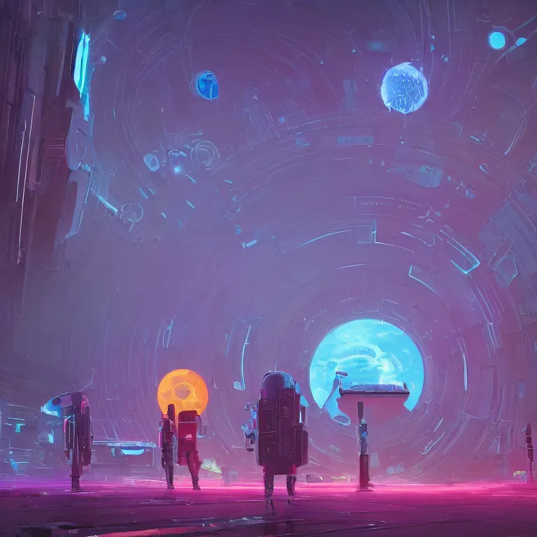 Image similar to a circle!! portal!!! structure floating in space!!, cyberpunk, epic surrealism, indigo, purple, cyan, detailed digital matte painting in the style of simon stalenhag and painting by ralph mcquarrie