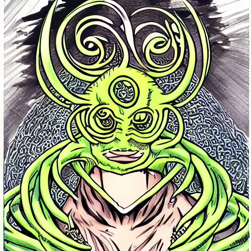 Prompt: shumah - gorath, manga cover, sharp drawing, ink, colored