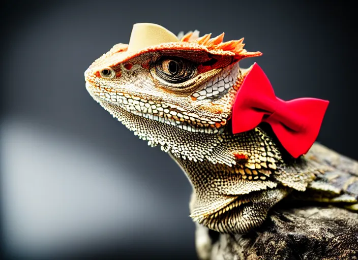 Image similar to dslr portrait still of a bearded dragon wearing a top hat and a red bowtie, 8 k 8 5 mm f 1. 4