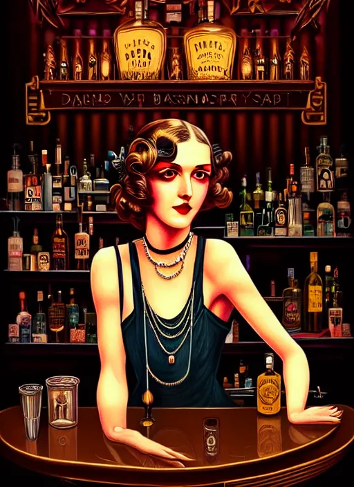 Prompt: hyperdetailed a young sophisticated long hair woman as a beautiful bar patron, cozy dimly-lit 1920s speakeasy bar, drinking at the bar, dystopian retro 1920s vibe, relaxed pose, wild, highly detailed, digital painting, artstation, sharp focus, illustration, detailed painterly digital art style by Dan Mumford, vibrant deep colors, 🍸, 8k octane beautifully detailed render, post-processing, extremely hyperdetailed, Art Nouveau, masterpiece