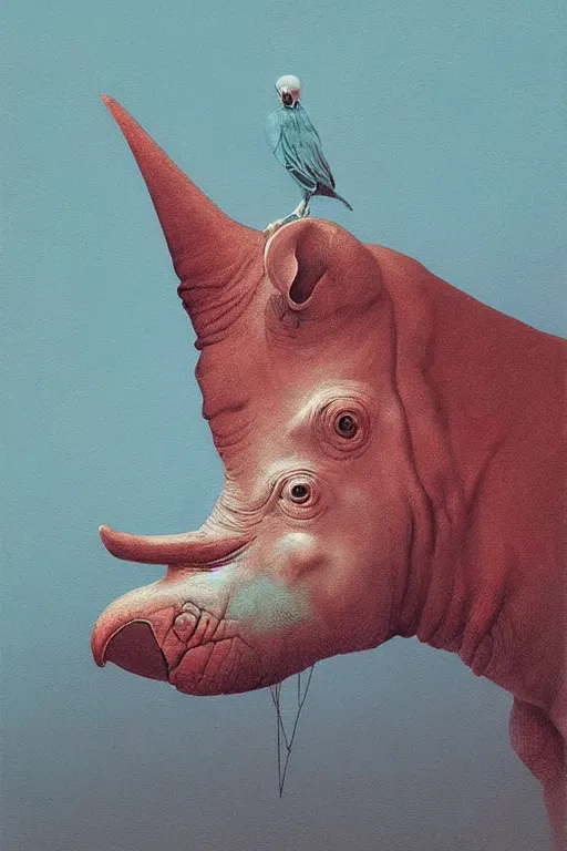 Image similar to painting of cross between parrot & rhino, intercrossed animal, by zdzislaw beksinski, by tiffany bozic, cold hue's, warm tone gradient background, concept art, beautiful composition, digital painting,
