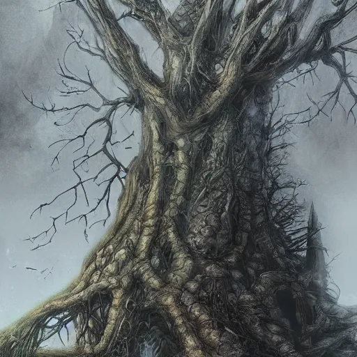 Prompt: an archaic tower looming over a grove of ancient trees, in the style of ayami kojima, thick mist, cracked walls, realistic digital painting, realistic colors, medieval fantasy, very detailed