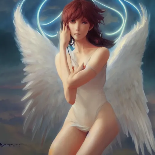 Image similar to an oil painting of a beautiful anime girl with angel wings, by artgerm, wlop and greg rutkowski, hd, hdr, ue 5, ue 6, unreal engine 5, cinematic 4 k wallpaper, 8 k, ultra detailed, high resolution, artstation, award winning