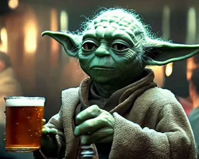 Image similar to film still of yoda drinking beer in a crowded bar in the new star wars movie 4 k