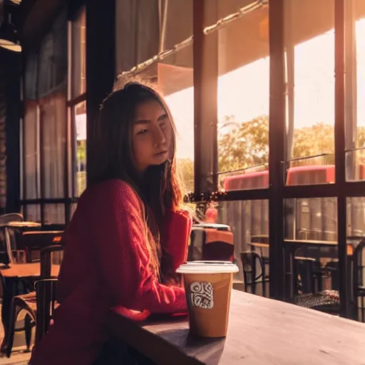 Prompt: beautiful, mysterious coffee shop girl, sitting across the room, drinking a strawberry iced latte, dim light, dusk, moody lighting, real photo, real camera, amazing quality, 8 k