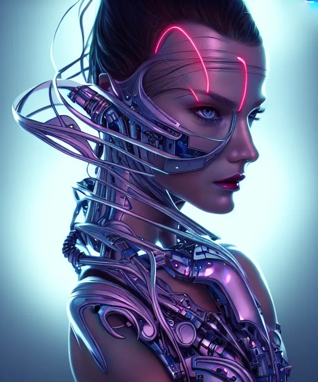 Image similar to Supermodel woman turning into an Android portrait, dark surrealism , scifi, intricate, elegant, long dark hair, highly detailed cybernetic body, neon glowing eyes, digital painting, artstation, concept art, smooth, sharp focus, illustration, art by artgerm and moebius and alphonse mucha