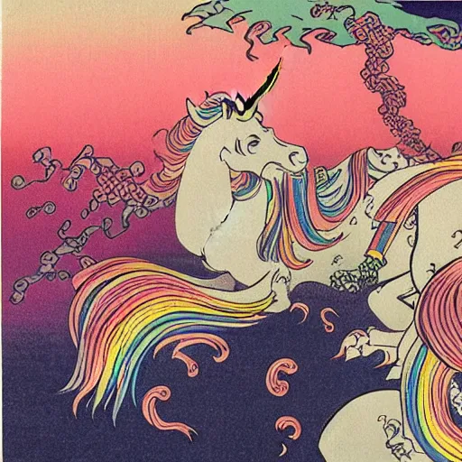 Image similar to A unicorn with rainbow color by Katsushika Hokusai and Syd Mead