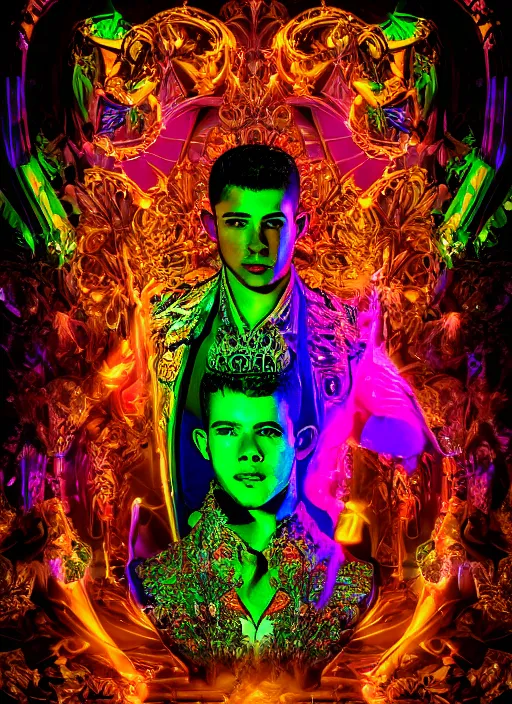 Prompt: photo of baroque and bladerunner delicate neon emerald sculpture of seductive prince nick jonas tigers orange iridescent humanoid deity wearing metallic jungle leaves holding the sun prismatic dungeon, glowing rainbow face, crown of white diamonds, cinematic lighting, photorealistic, octane render 8 k depth of field 3 d