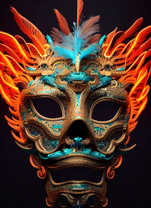 Prompt: 3 d venetian mask portrait, sigma 5 0 0 mm f / 5. beautiful intricate highly detailed quetzalcoatl skull and feathers. bioluminescent, plasma, lava, ice, water, wind, creature, thunderstorm! artwork by tooth wu and wlop and beeple and greg rutkowski, 8 k trending on artstation,